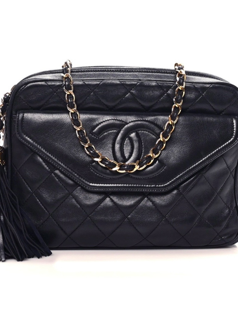 CHANEL Vintage 1990 Lambskin Quilted Tassel Camera Bag Navy